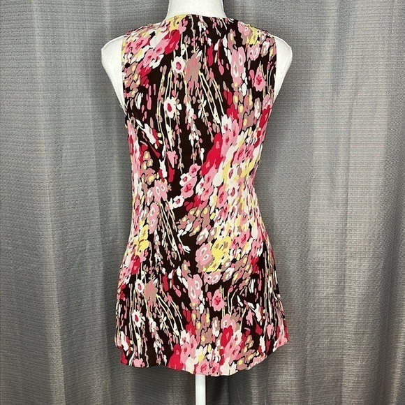 IDEOLOGY SMALL BROWN AND PINK SLEEVELESS SILK BLOUSE WITH HANDKERCHIEF HEM - Picture 7 of 9